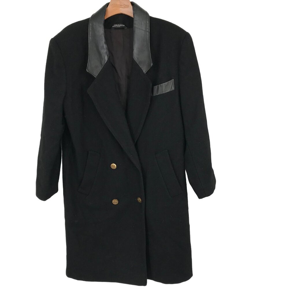 ADA Vintage Black Double-Breasted Wool Coat  Leather Lapels & Gold crest Buttons